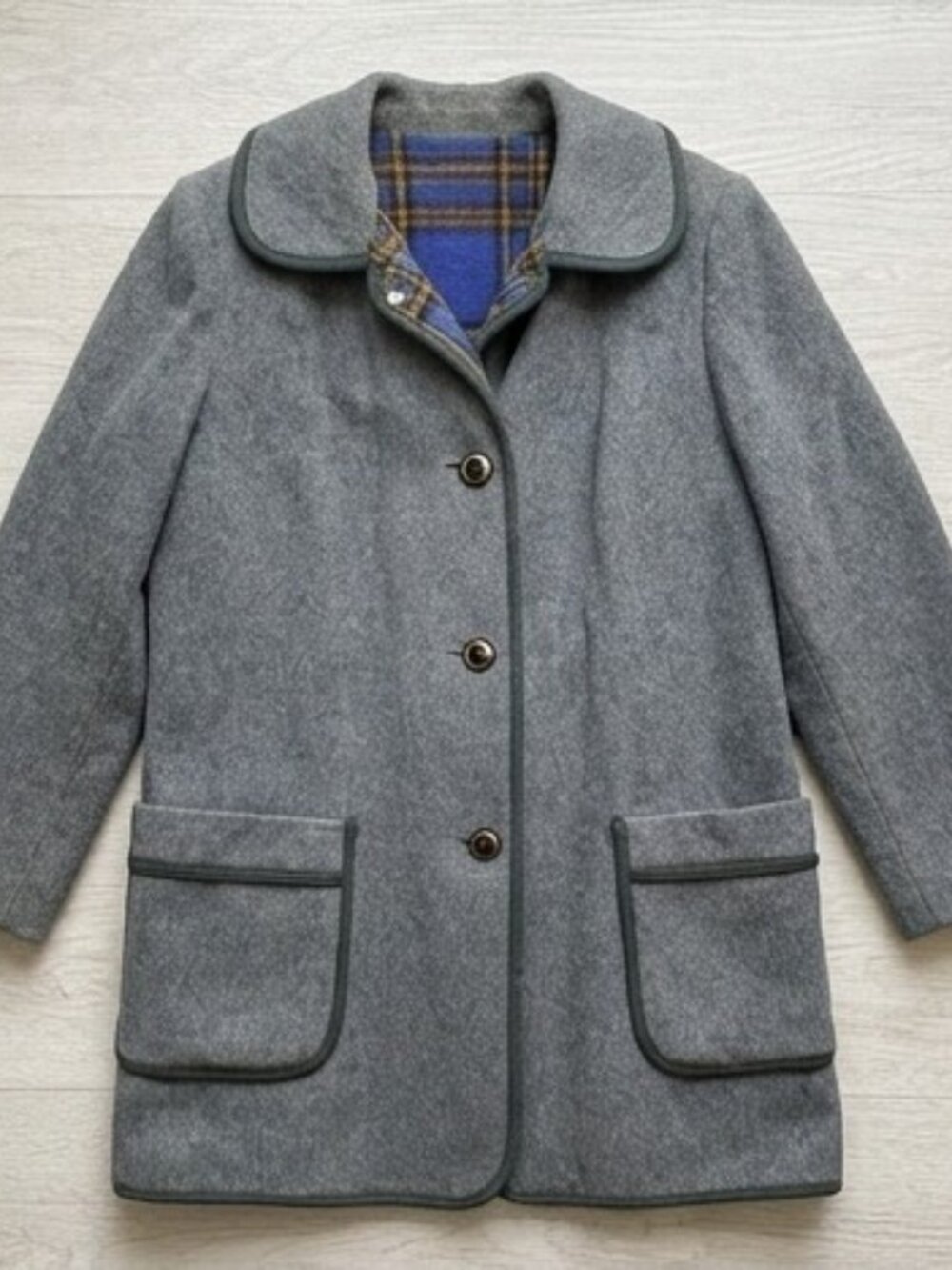 Vintage Country Pacer Gray Wool Coat Plaid Lining Piping Trim Retro Winter M/L